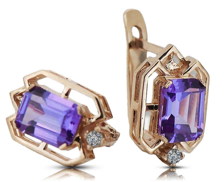Vintage Alexandrite Diamond Earrings in 14K Rose Gold (vec020r-ax) — worn on the hand, showing profile