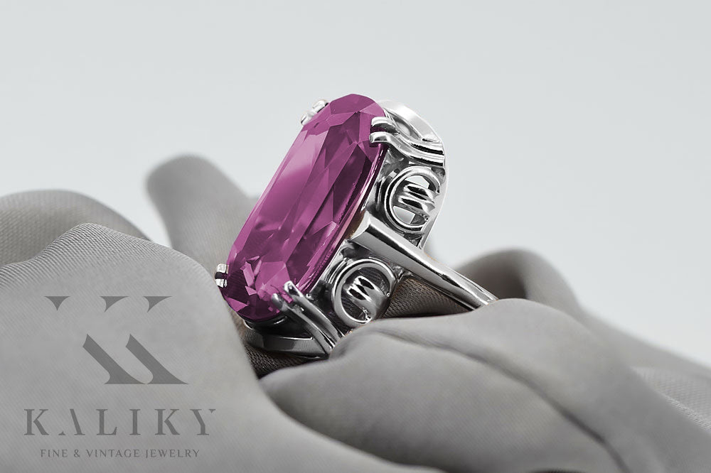 Vintage Amethyst Ring in Sterling Silver (vrc038s-am) — worn on the neckline, showing the drape