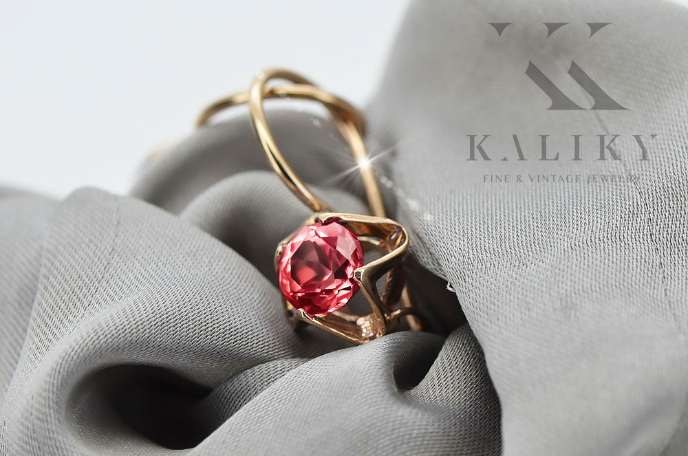 Vintage Ruby Earrings in 14K Rose Gold (vec142r-rb) — worn on the hand, showing profile