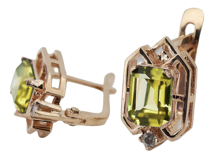 Vintage Yellow Peridot Diamonds Craft Earrings in 14K Rose Gold (vec020r-yp) — worn on the hand, showing profile