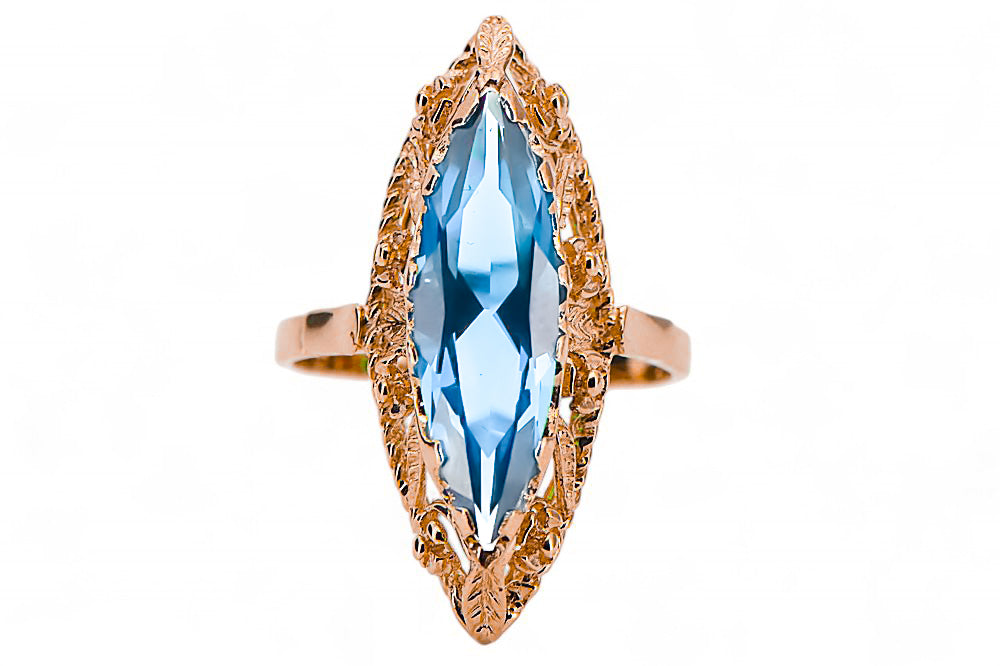 Vintage Aquamarine Ring in 14K Rose Gold (vrc005r-aq) — close-up of the hallmark on the inner band