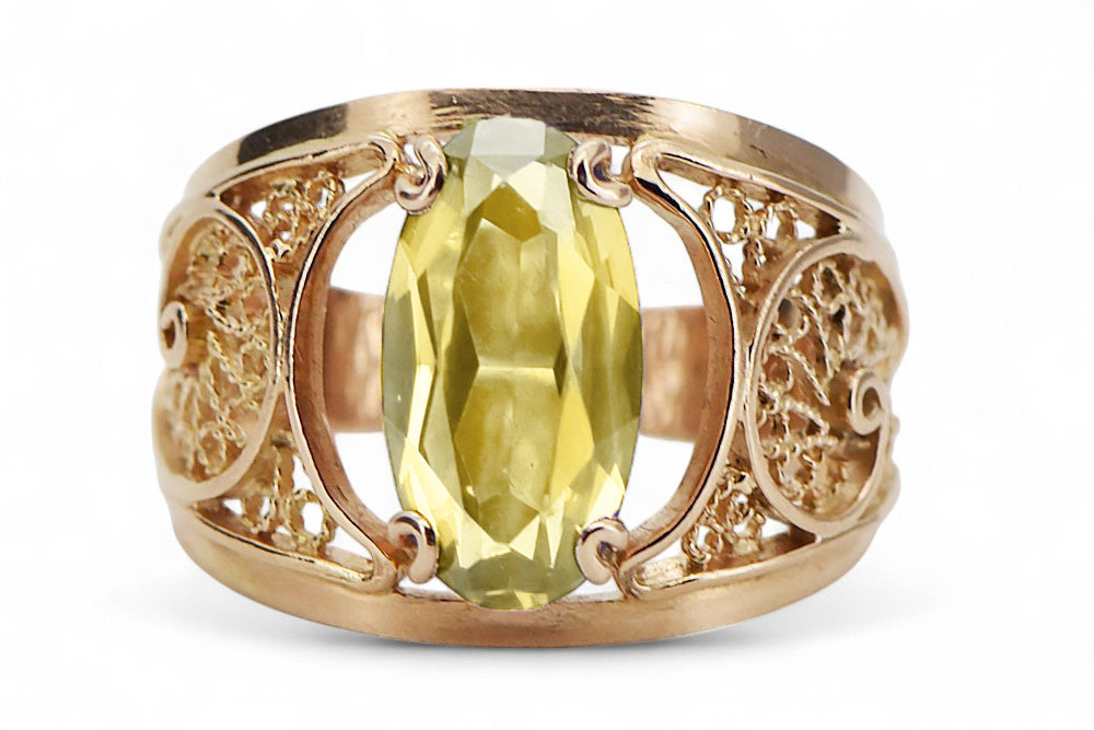 Vintage Yellow Peridot Ring in 14K Rose Gold (vrc057r-yp) — close-up of the hallmark on the inner band