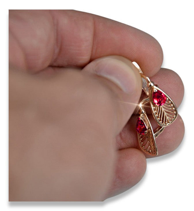 Vintage Ruby Earrings in 14K Rose Gold (vec067r-rb) — worn on the hand, showing profile