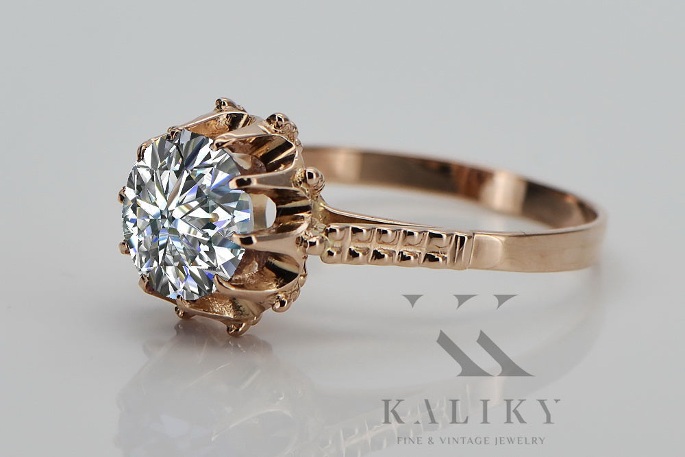 Vintage Zircon Ring in 14K Rose Gold (vrc045r-zi) — worn on the neckline, showing the drape