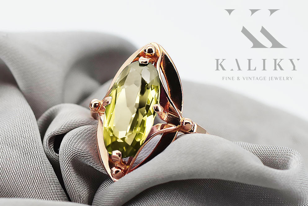 Vintage Yellow Peridot Craft Ring in 14K Rose Gold (vrc047r-yp) — side view showing the setting