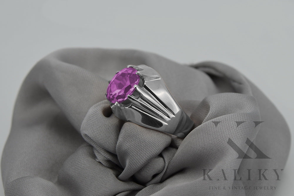 Vintage Amethyst Ring in Sterling Silver (vrc016s-am) — worn on the neckline, showing the drape