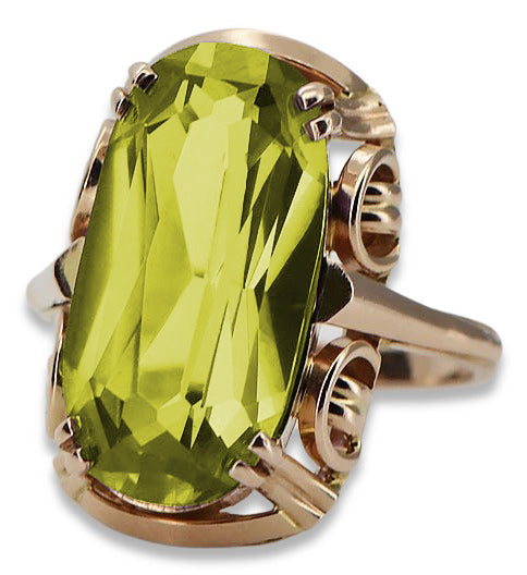 Vintage Yellow Peridot Ring in 14K Rose Gold (vrc038r-yp) — worn on the neckline, showing the drape