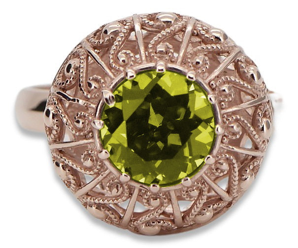 Vintage Yellow Peridot Ring in 14K Rose Gold (vrc059r-yp) — worn on the hand, showing profile