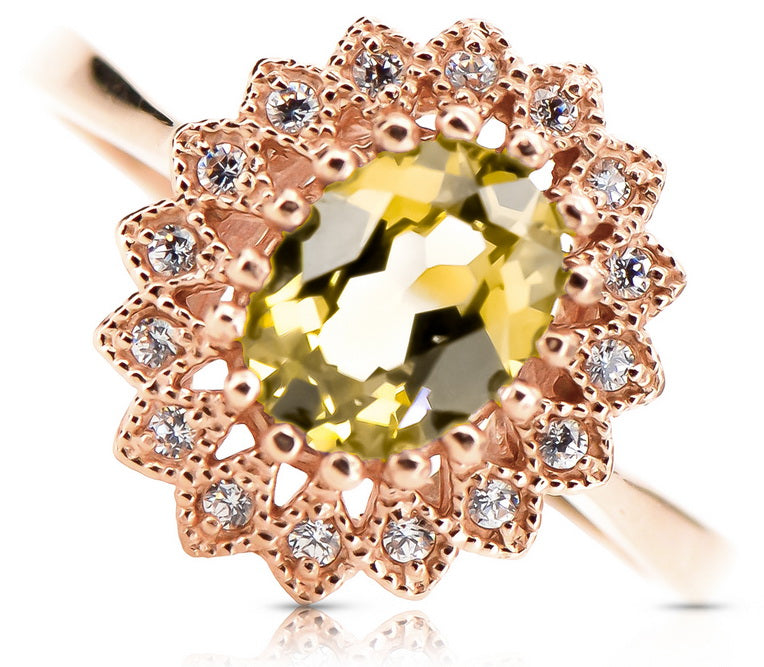 Vintage Yellow Peridot Ring in 14K Rose Gold (crc012r-yp) — close-up of the stone and setting