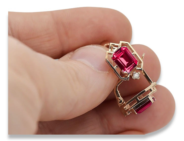Vintage Ruby Diamonds Craft Earrings in 14K Rose Gold (vec020r-rb) — worn on the neckline, showing the drape