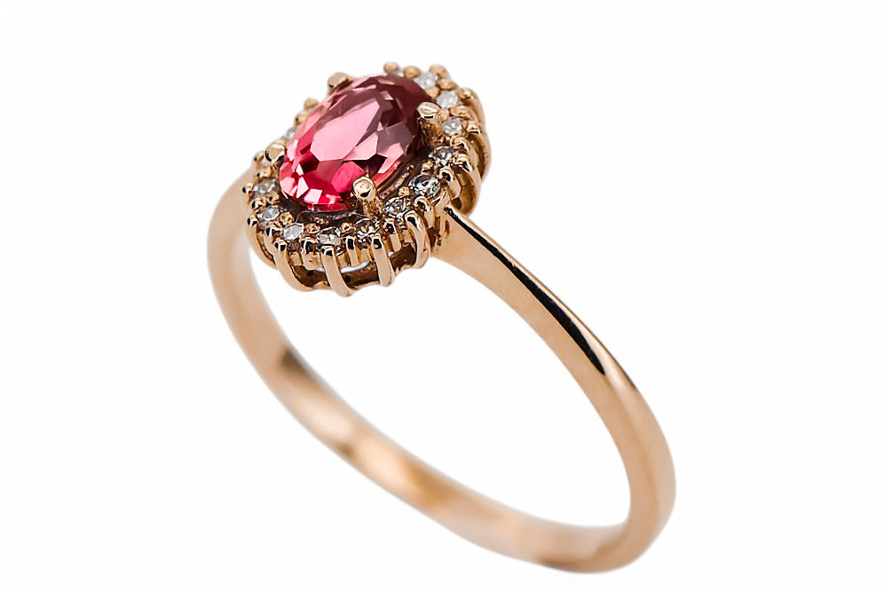 Vintage Ruby Ring in 14K Rose Gold (crc009r-rb) — worn on the neckline, showing the drape