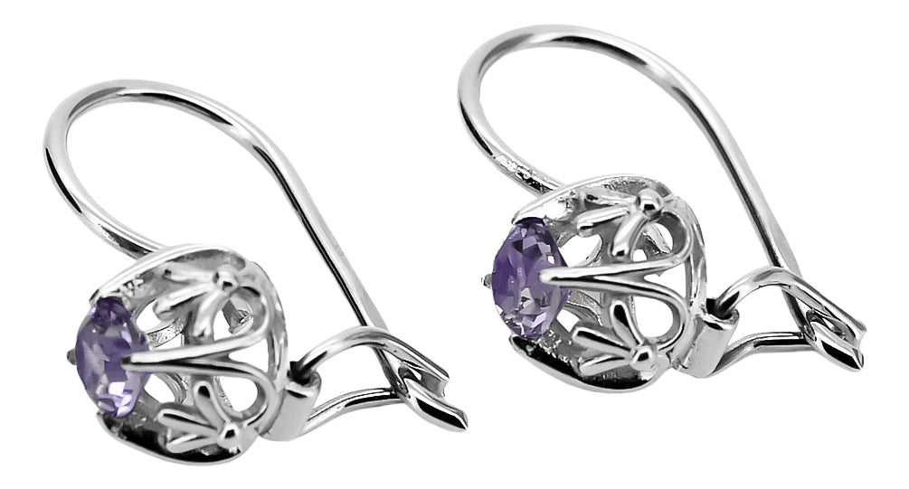 Vintage Alexandrite Aleksandryte Earrings in Sterling Silver (vec145s-ax) — close-up of the stone and setting