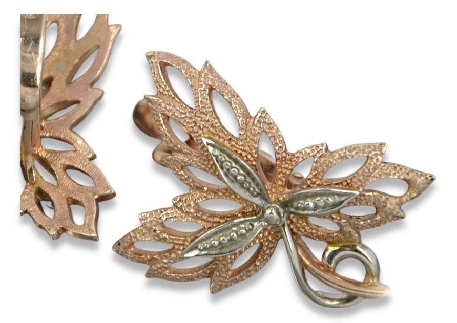 Vintage Maple Leaf Earrings in 14K Rose & White Gold (ven096rw) — side view showing the setting