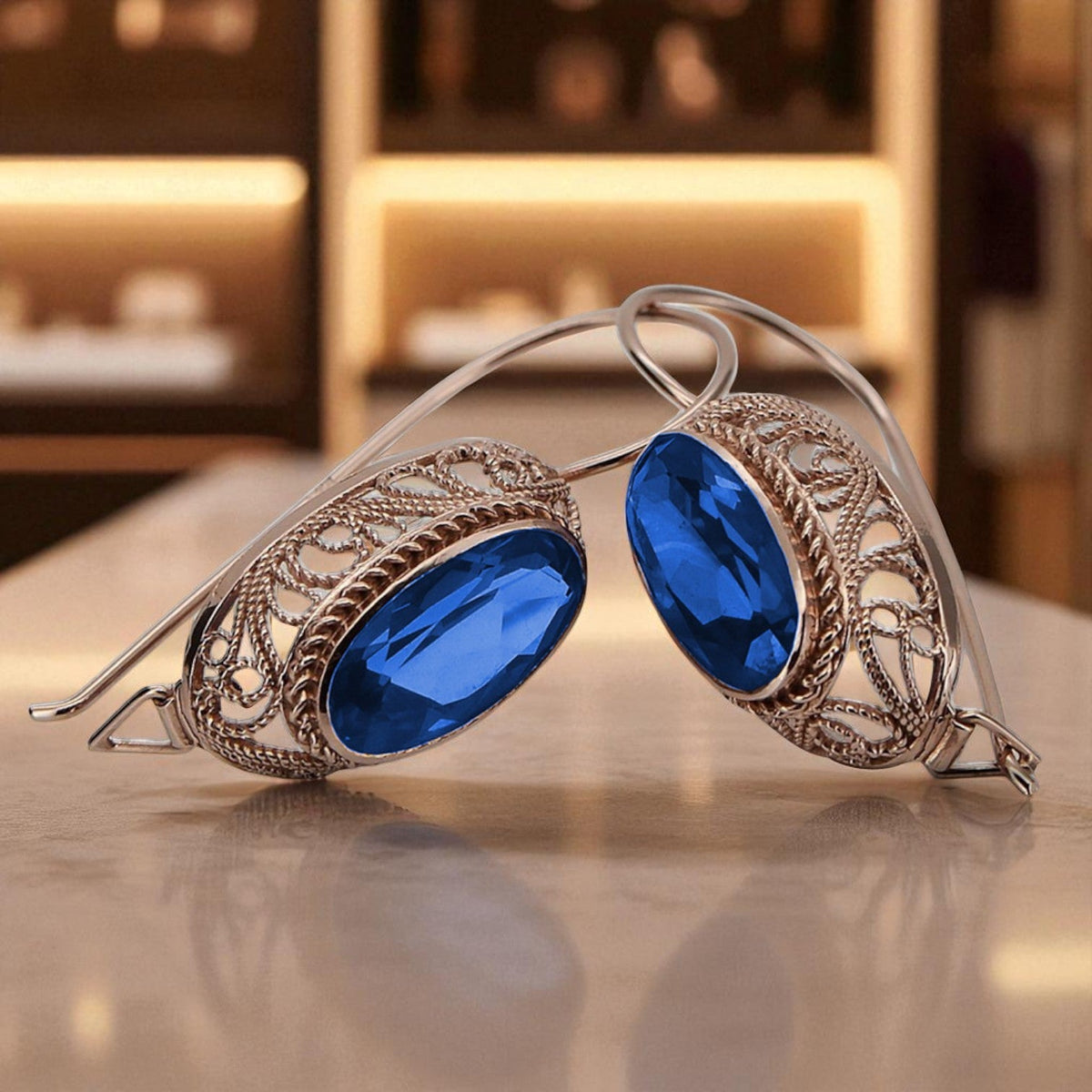Vintage Sapphire Oval Cut Earrings in 14K Rose Gold (vec023r-sp)