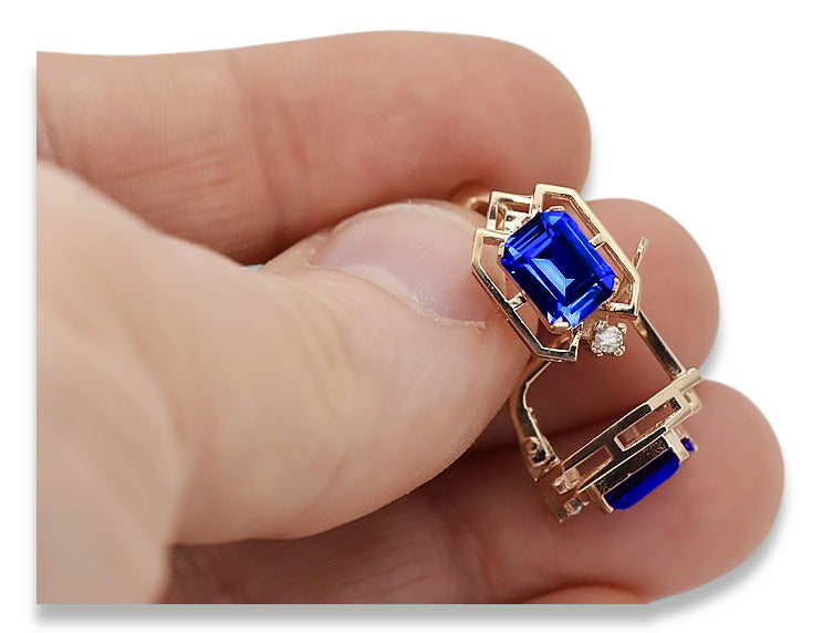 Vintage Sapphire Diamonds Craft Earrings in 14K Rose Gold (vec020r-sp) — back view with the clasp