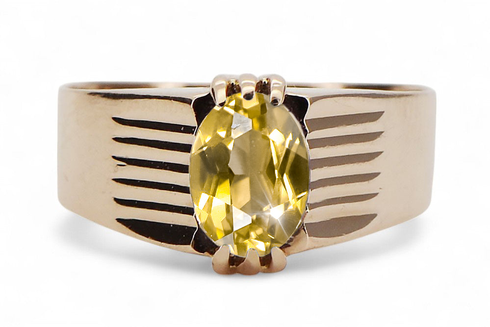Vintage Yellow Peridot Ring in 14K Rose Gold (vrc007r-yp) — close-up of the hallmark on the inner band