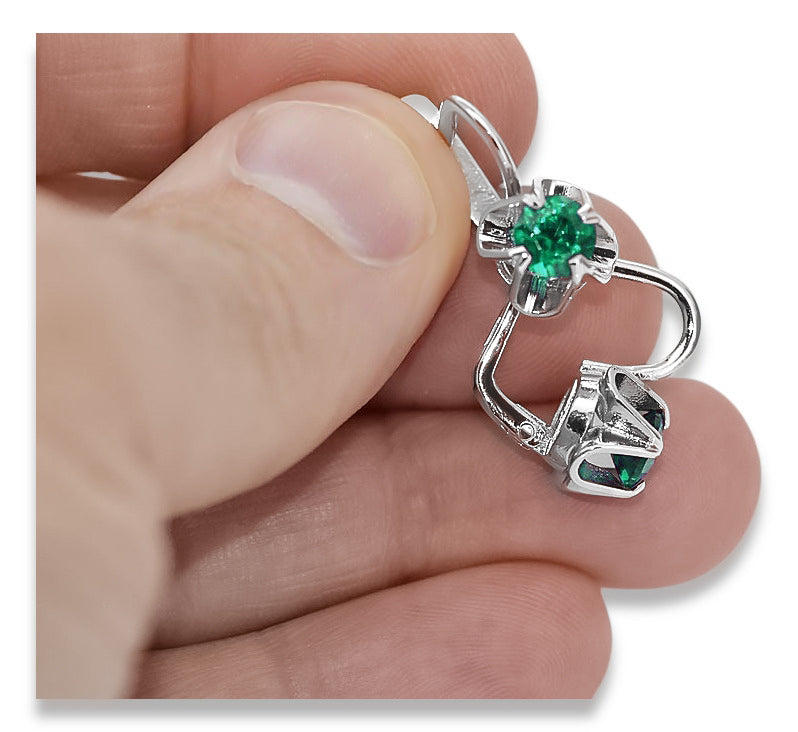 Vintage Emerald Earrings in Sterling Silver (vec018s-em) — full view of the piece