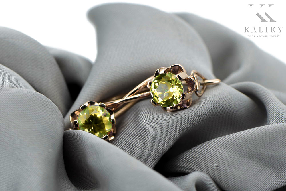 Vintage Yellow Peridot Earrings in 14K Rose Gold (vec019r-yp) — worn on the hand, showing profile