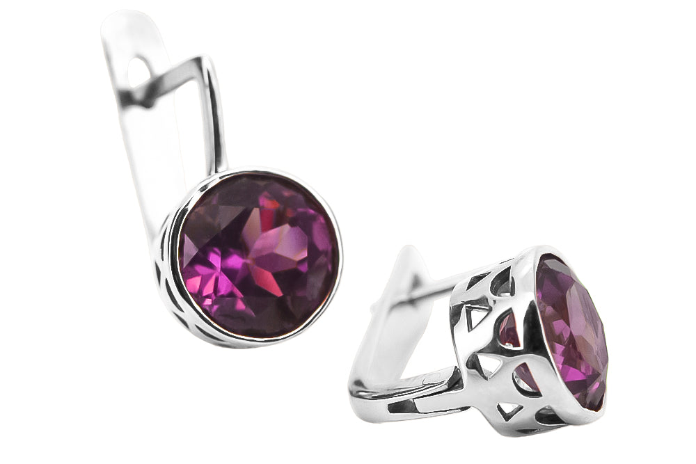 Vintage Amethyst Earrings in Sterling Silver (vec107s-am) — close-up of the stone and setting