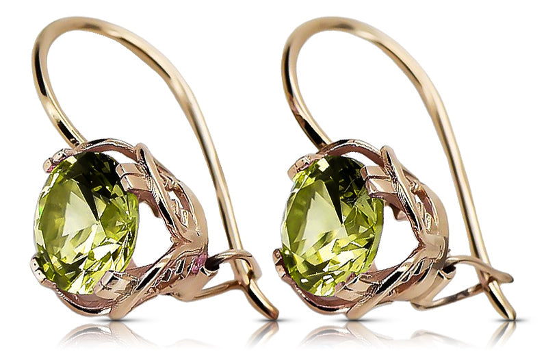 Vintage Yellow Peridot Earrings in 14K Rose Gold (vec029r-yp) — worn on the neckline, showing the drape