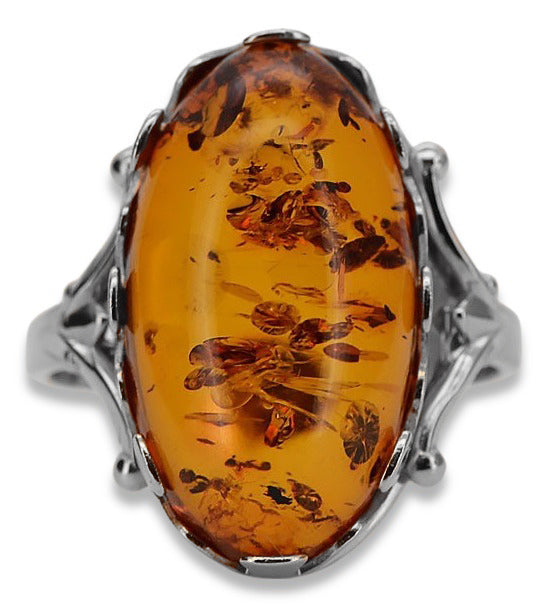 Vintage Amber Unique Ring in Rose Gold-Plated Sterling Silver (vrab052s) — close-up of the stone and setting