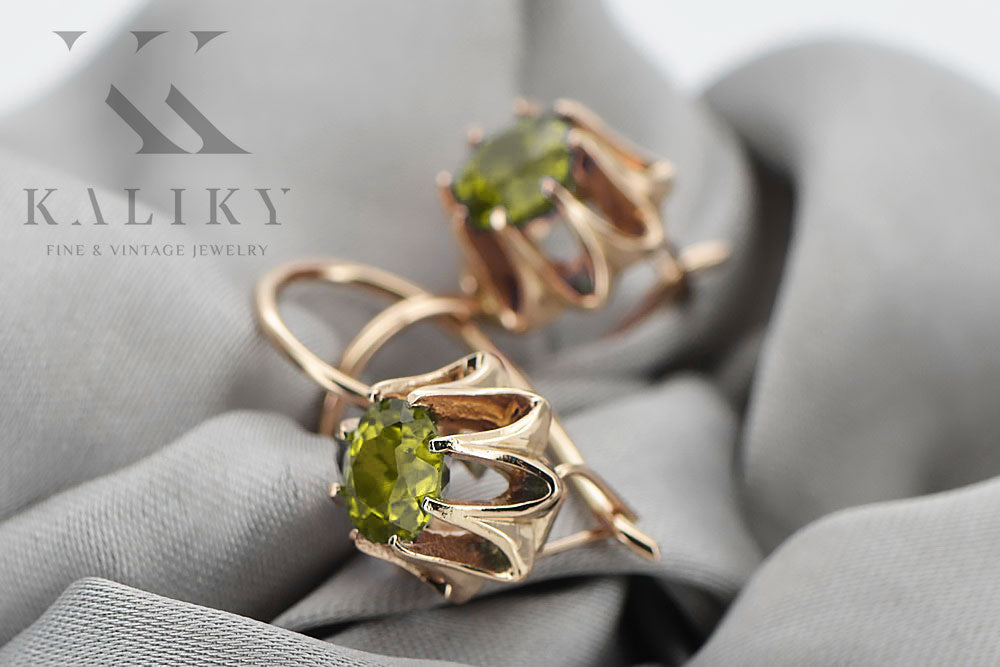Vintage Yellow Peridot Earrings in 14K Rose Gold (vec092r-yp) — worn on the hand, showing profile