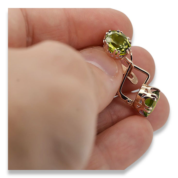 Vintage Yellow Peridot Craft Earrings in 14K Rose Gold (vec016r-yp) — worn on the hand, showing profile