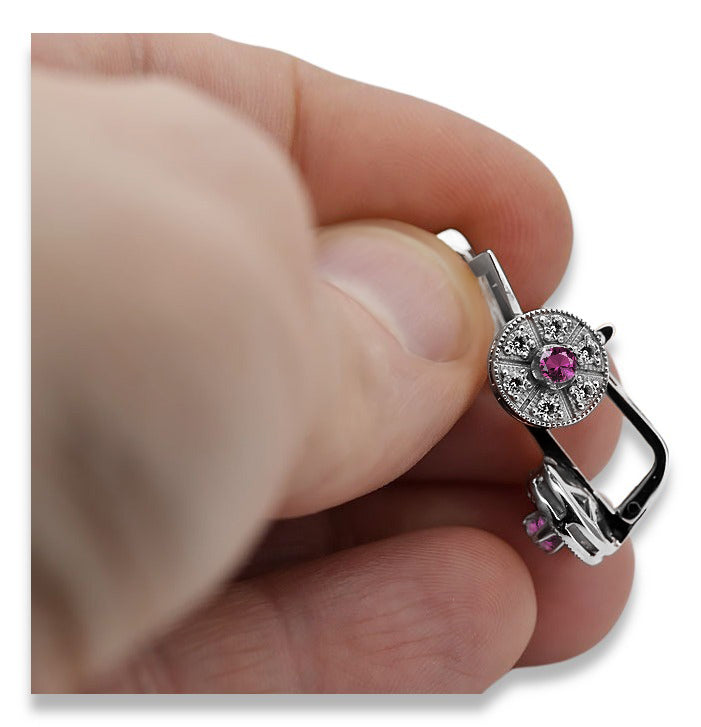 Vintage Amethyst Earrings in 14K White Gold (vec161w-am) — worn on the hand, showing profile