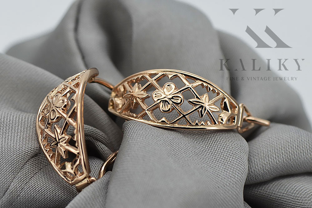 Vintage Openwork Earrings in 14K Rose Gold (ven146) — worn on the neckline, showing the drape