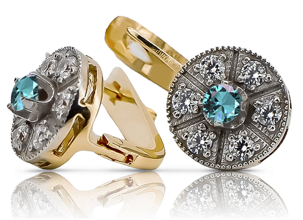 Vintage Aquamarine Earrings in 14K Yellow & White Gold (vec161yw-aq) — worn on the hand, showing profile