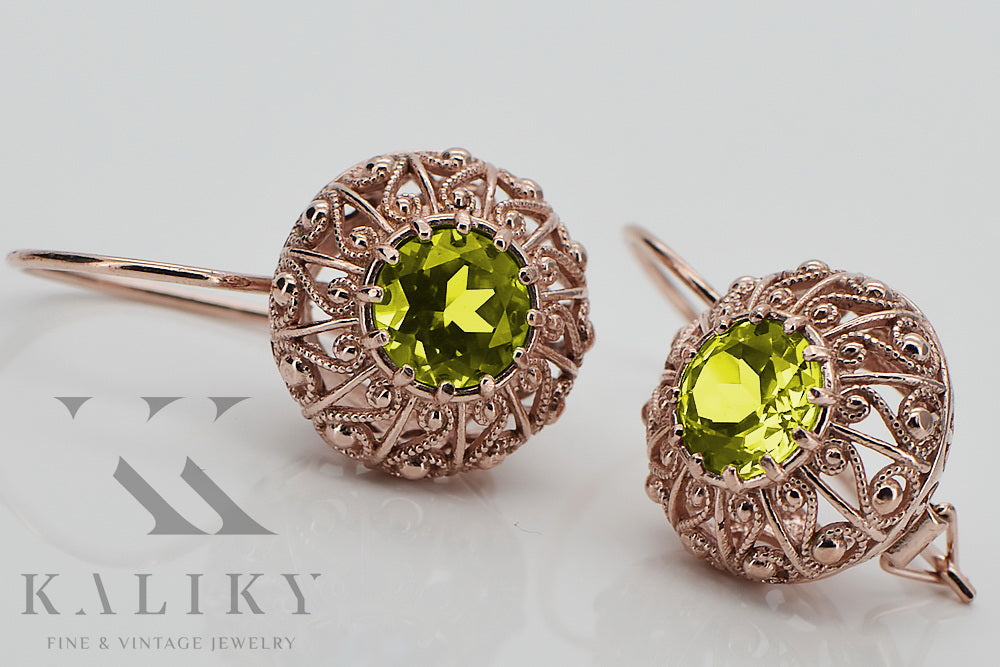 Vintage Yellow Peridot Earrings in 14K Rose Gold (vec002r-yp) — close-up of the hallmark on the inner band