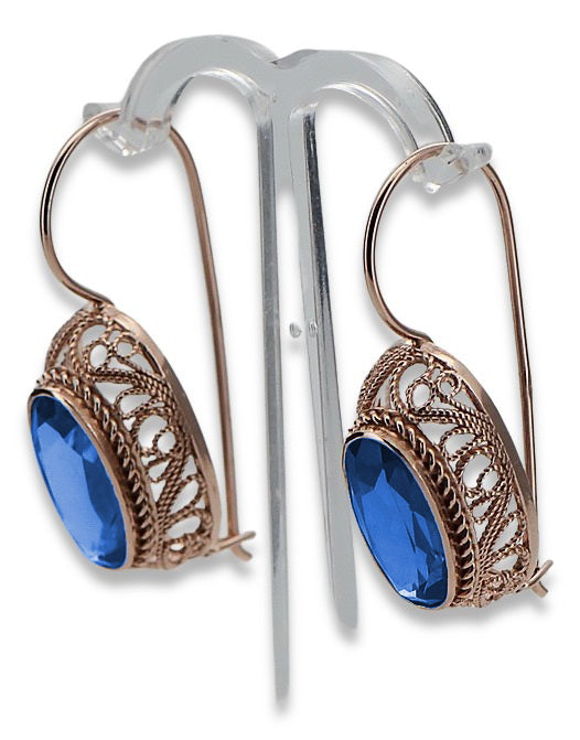 Vintage Sapphire Oval Cut Earrings in 14K Rose Gold (vec023r-sp) — close-up of the stone and setting