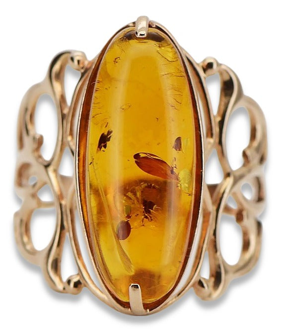Vintage Amber Ring in 14K Rose Gold (vrab003) — side view showing the setting