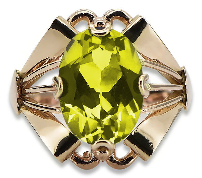 Vintage Yellow Peridot Ring in 14K Rose Gold (vrc015r-yp) — worn on the neckline, showing the drape