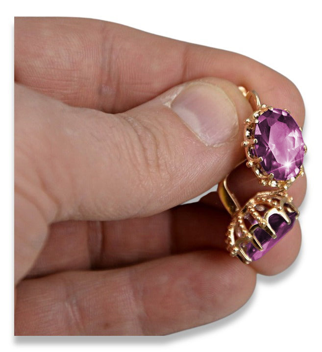 Vintage Amethyst Earrings in 14K Rose Gold (vec079r-am) — close-up of the stone and setting