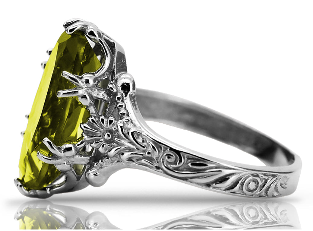Vintage Yellow Peridot Ring in Sterling Silver (vrc084s-yp) — side view showing the setting