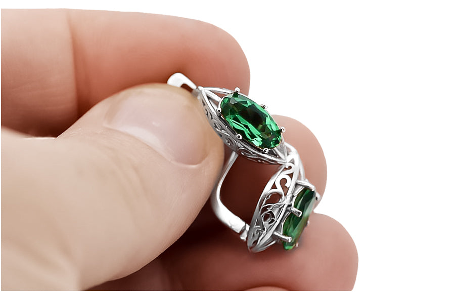 Vintage Emerald Earrings in Sterling Silver (vec141s-em) — worn on the hand, showing profile