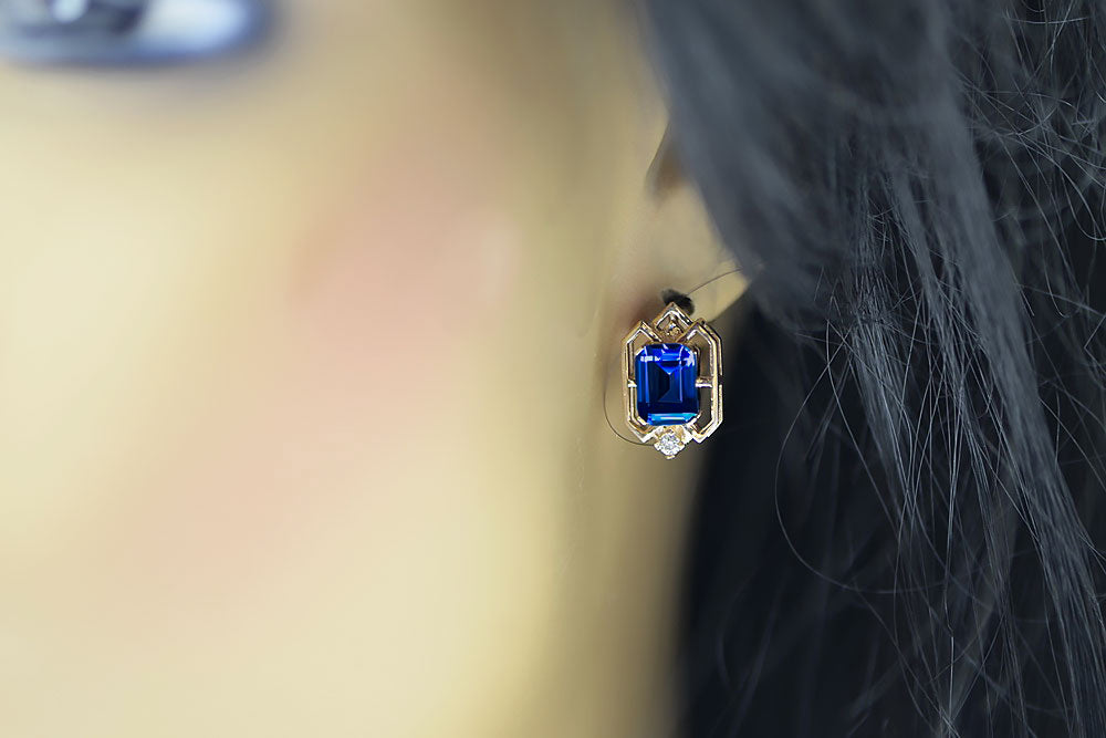Vintage Sapphire Diamonds Craft Earrings in 14K Rose Gold (vec020r-sp) — worn on the neckline, showing the drape