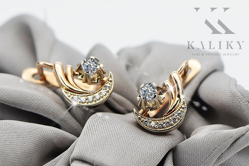 Vintage Zircon Earrings in 14K Rose & White Gold (vec093rw-zi) — worn on the neckline, showing the drape