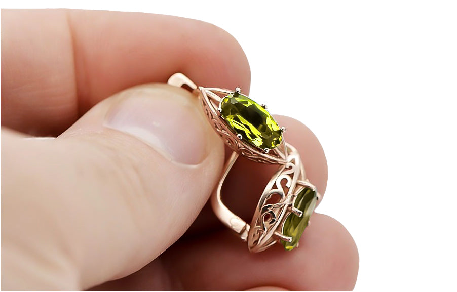 Vintage Yellow Peridot Earrings in 14K Rose Gold (vec141r-yp) — worn on the neckline, showing the drape
