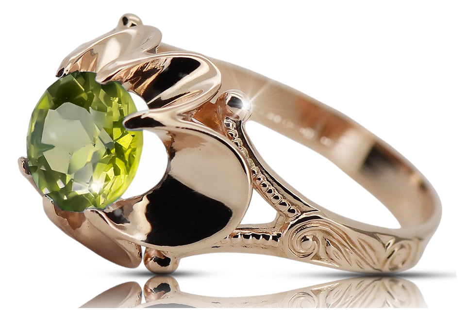 Vintage Yellow Peridot Ring in 14K Rose Gold (vrc377r-yp) — worn on the neckline, showing the drape