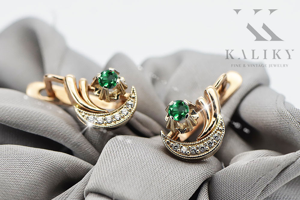 Vintage Emerald Earrings in 14K Rose & White Gold (vec093rw-em) — worn on the neckline, showing the drape