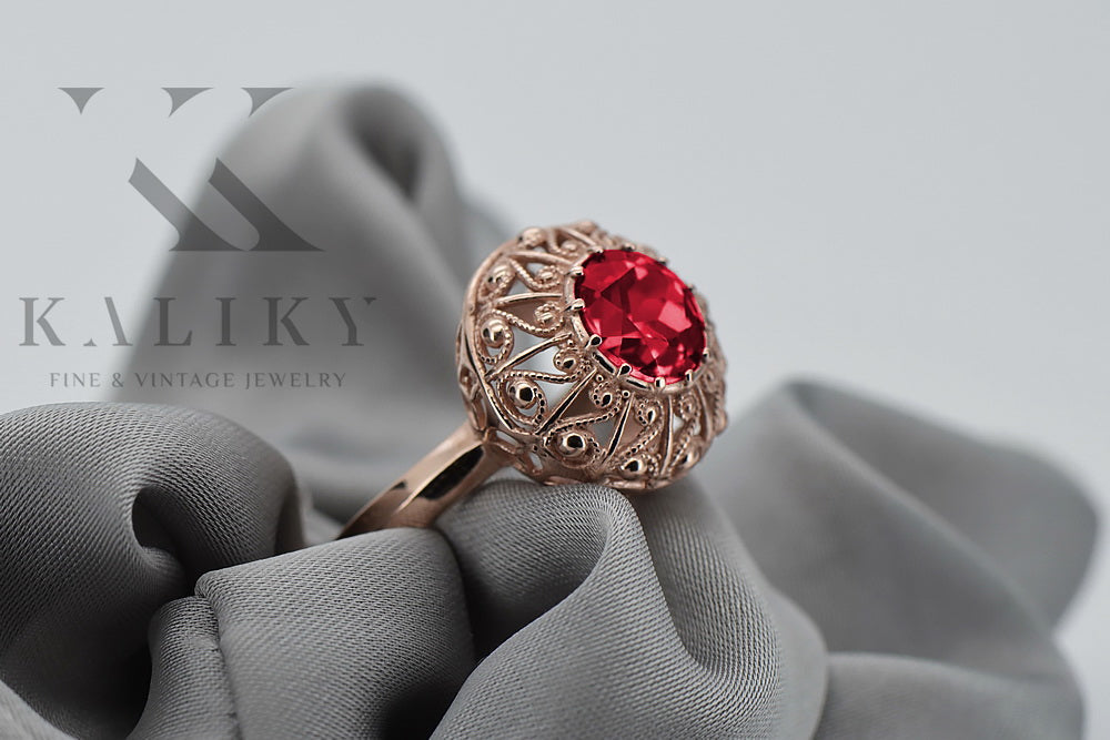 Vintage Ruby Ring in 14K Rose Gold (vrc059r-rb) — worn on the hand, showing profile