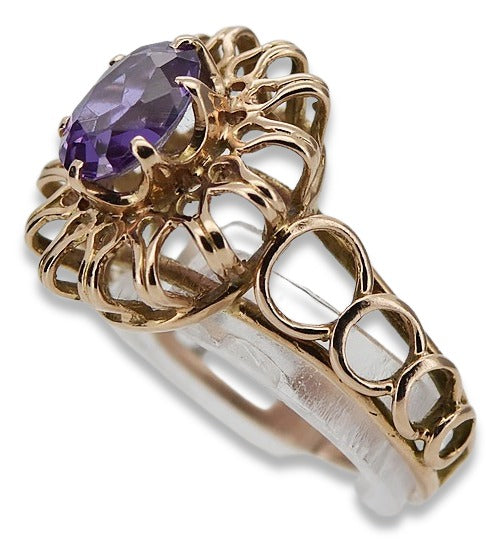Vintage Alexandrite Ruby Emerald Sapphire Zircon Ring in 14K Rose Gold (vrc032r-ax) — worn on the neckline, showing the drape