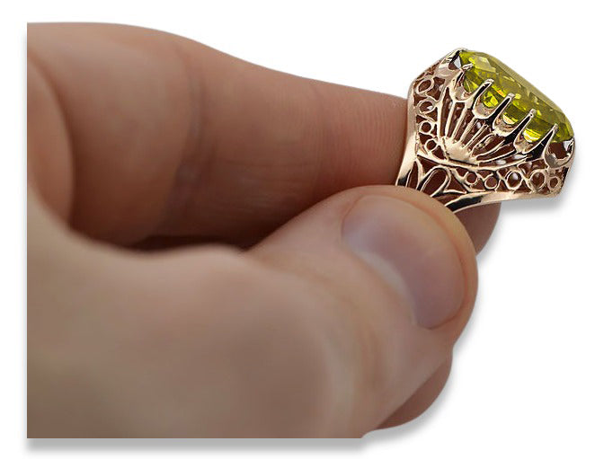 Vintage Yellow Peridot Ring in 14K Rose Gold (vrc020r-yp) — worn on the neckline, showing the drape