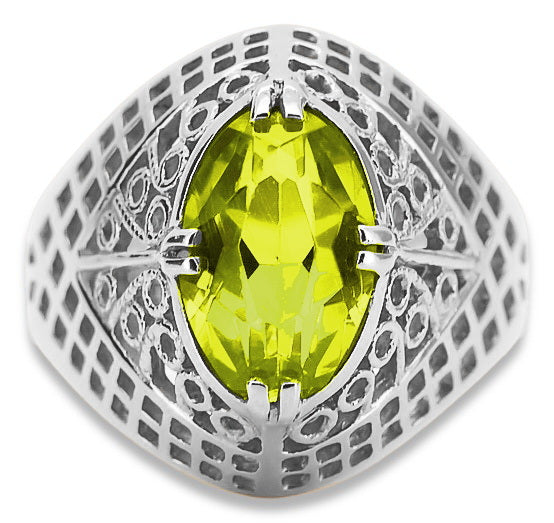Vintage Yellow Peridot Ring in Sterling Silver (vrc030s-yp) — worn on the neckline, showing the drape