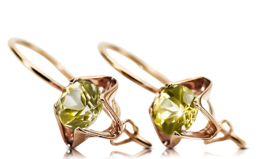 Vintage Yellow Peridot Earrings in 14K Rose Gold (vec142r-yp) — worn on the neckline, showing the drape
