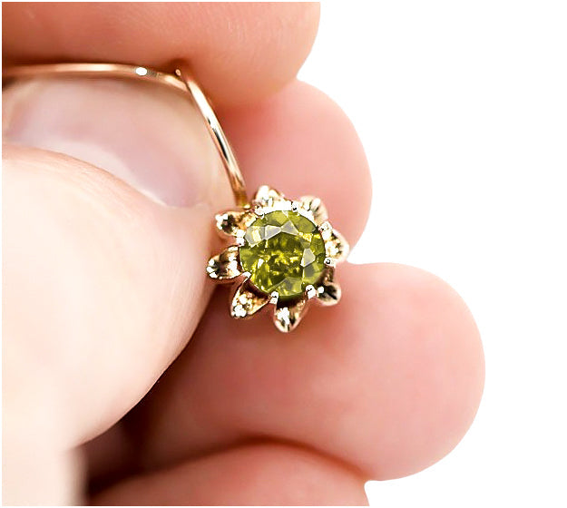 Vintage Yellow Peridot Earrings in 14K Rose Gold (vec092r-yp) — close-up of the stone and setting