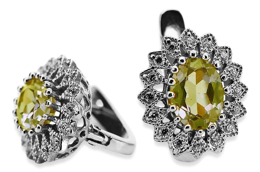 Vintage Yellow Peridot Earrings in 14K White Gold (vec125w-yp) — close-up of the stone and setting