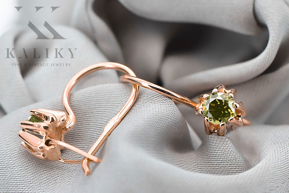 Vintage Yellow Peridot Earrings in 14K Rose Gold (vec053r-yp) — worn on the neckline, showing the drape